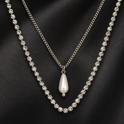 Gold Layered Pearl Drop Necklace with Stones