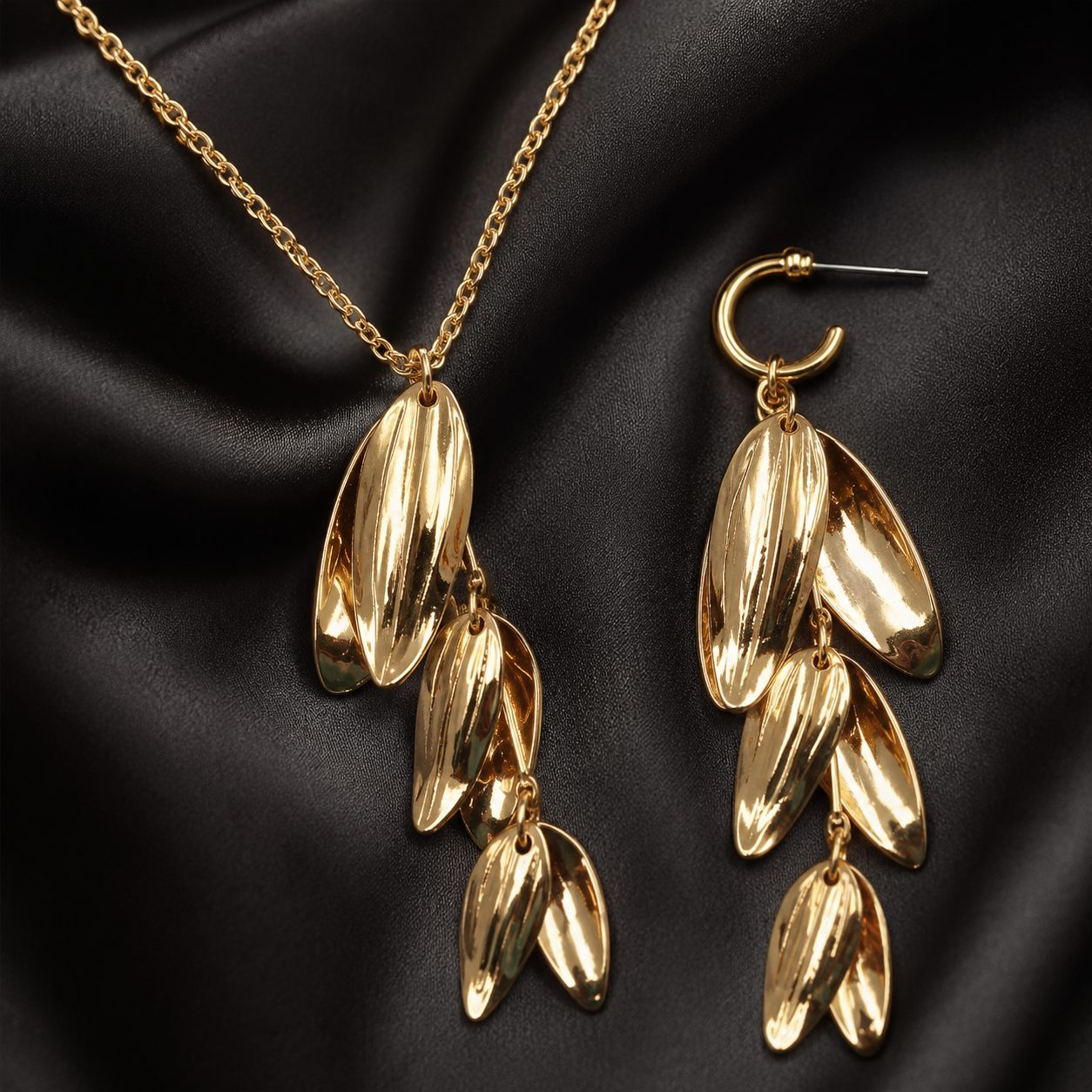Gold Leaf Drop Jewellery Set with Necklace and Earrings