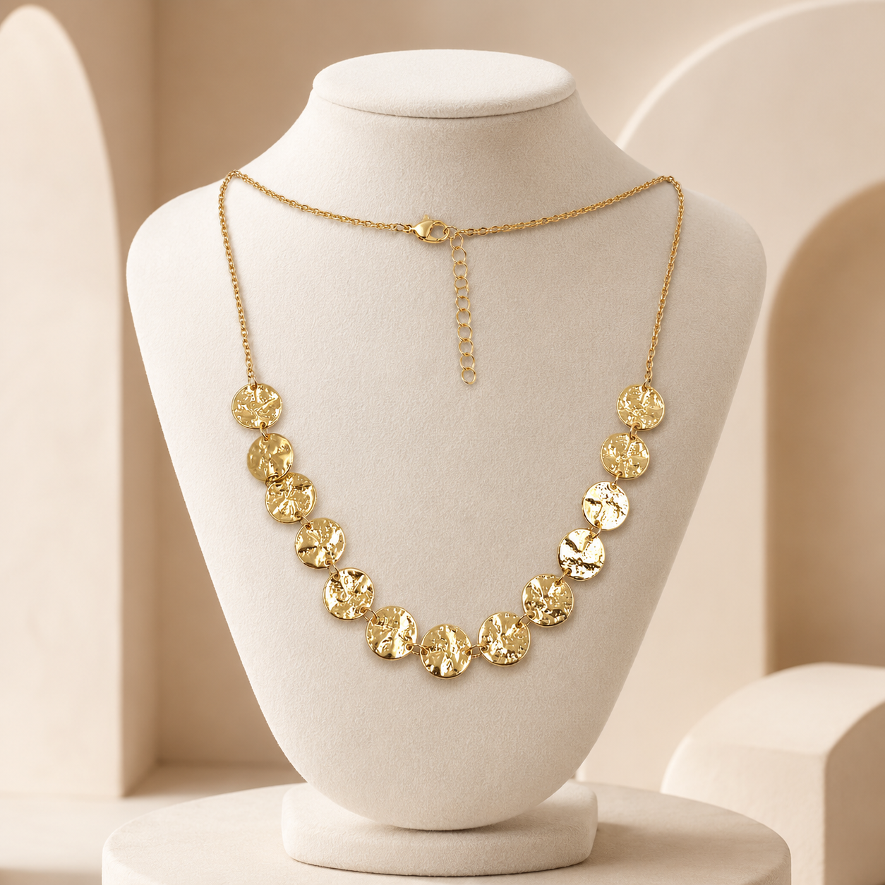 Gold Textured Coin Charm Necklace