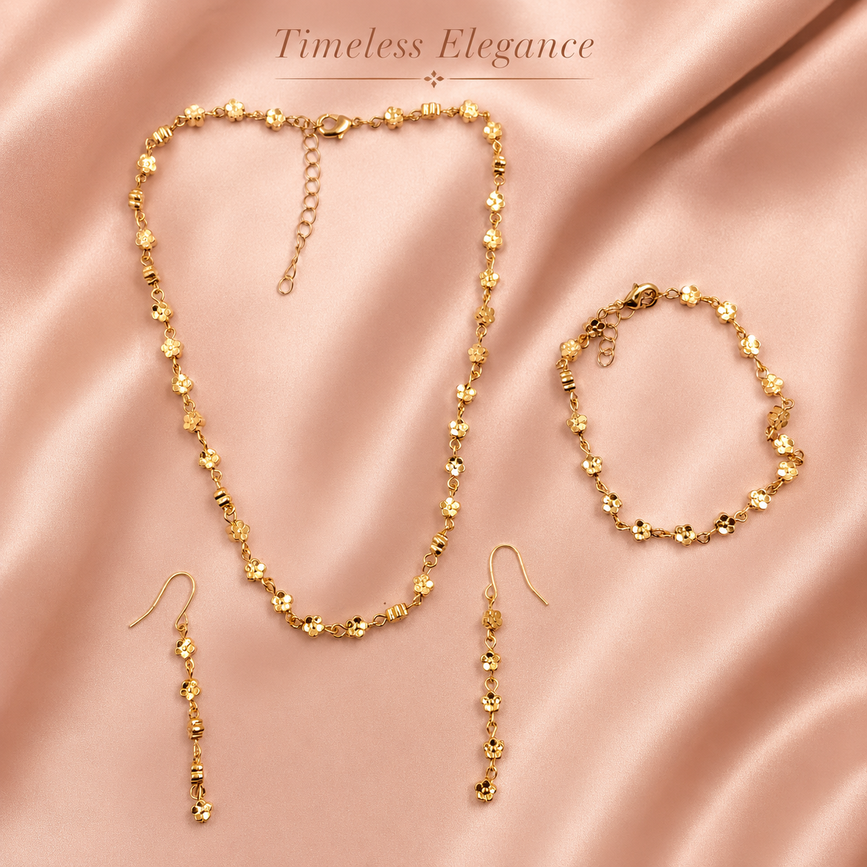 Gold Floral Jewellery Set with Necklace Bracelet and Earrings