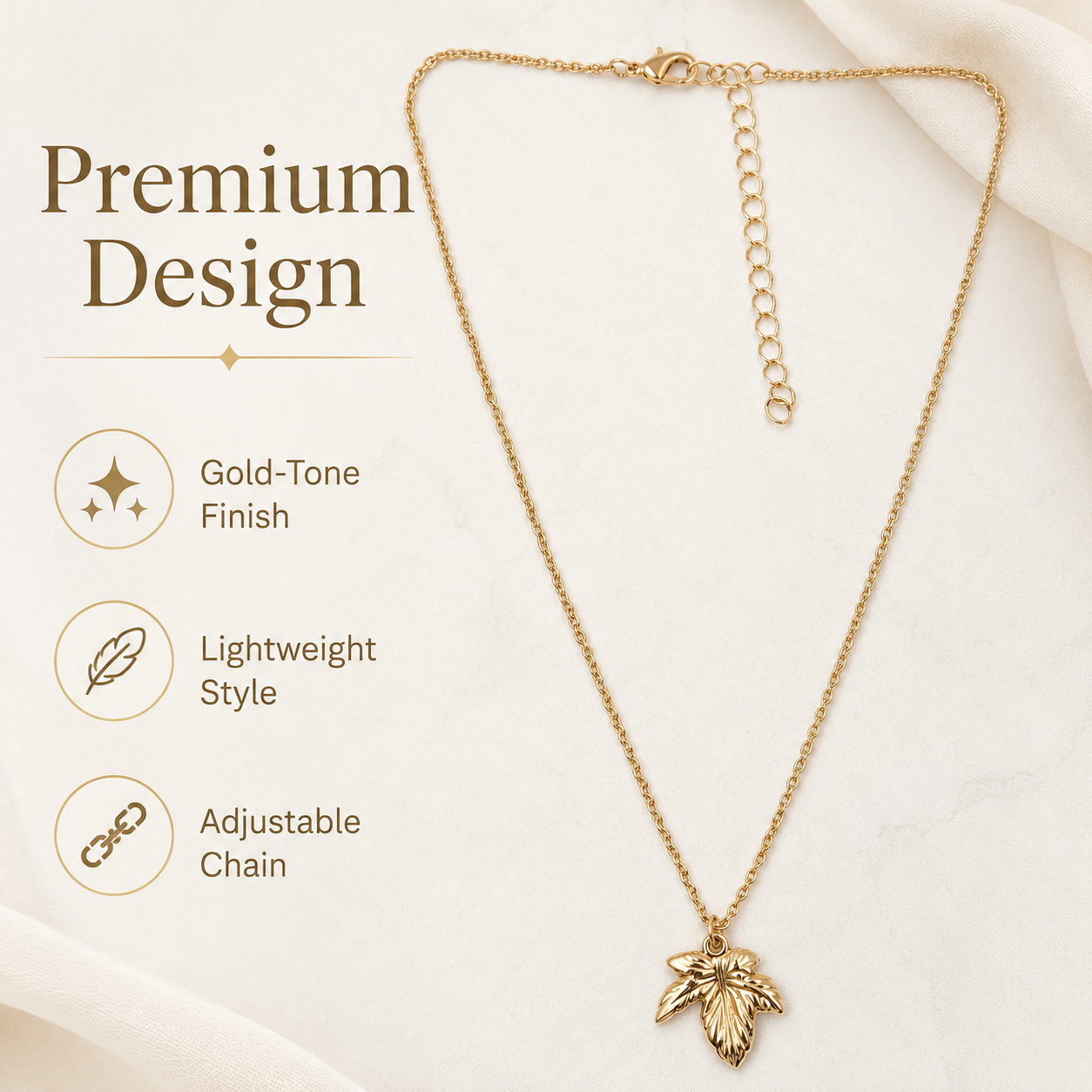 Gold plated leaf pendant necklace with polished finish