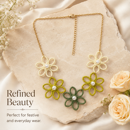 Gold plated necklace with five thread-wrapped floral motifs