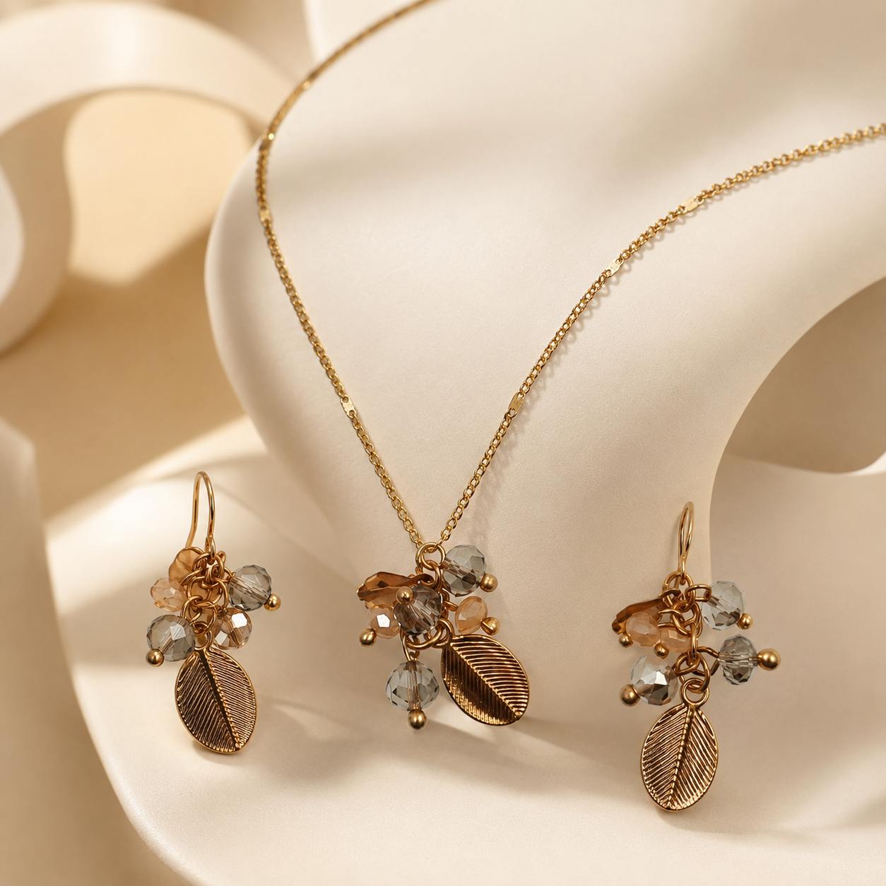 Rose Gold Leaf Beaded Jewellery Set with Necklace and Earrings