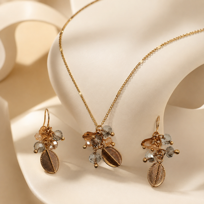 Rose Gold Leaf Beaded Jewellery Set with Necklace and Earrings