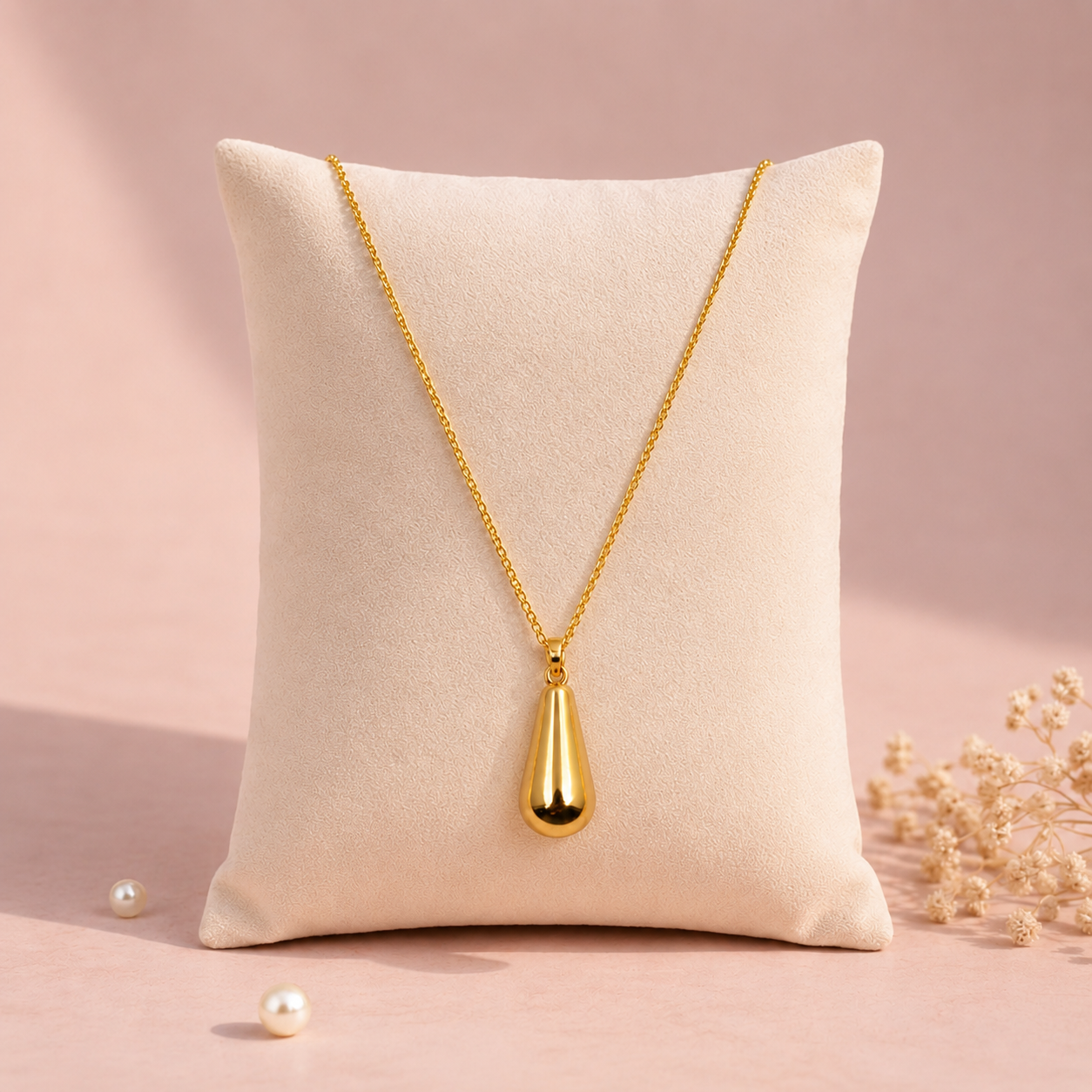 Detailed view of minimal polished gold pendant necklace