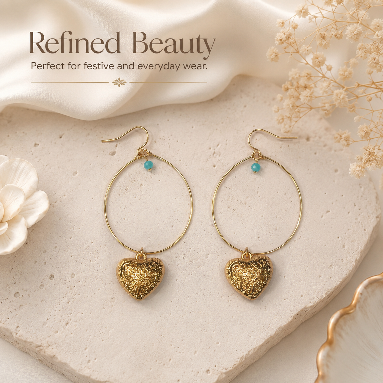 Detailed view of ornate gold heart charm drop earrings