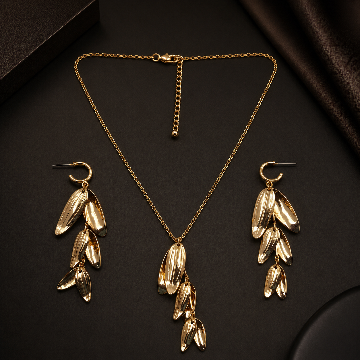 Gold Leaf Drop Jewellery Set with Necklace and Earrings