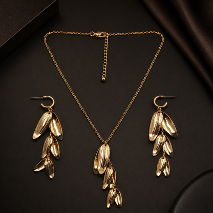 Gold Leaf Drop Jewellery Set with Necklace and Earrings