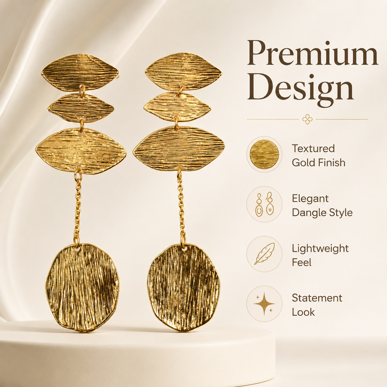 Gold Textured Leaf Chain Drop Earrings