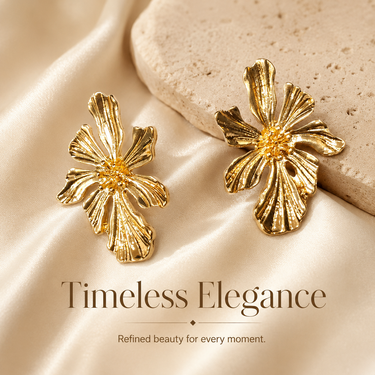 Detailed view of artistic gold flower stud earrings