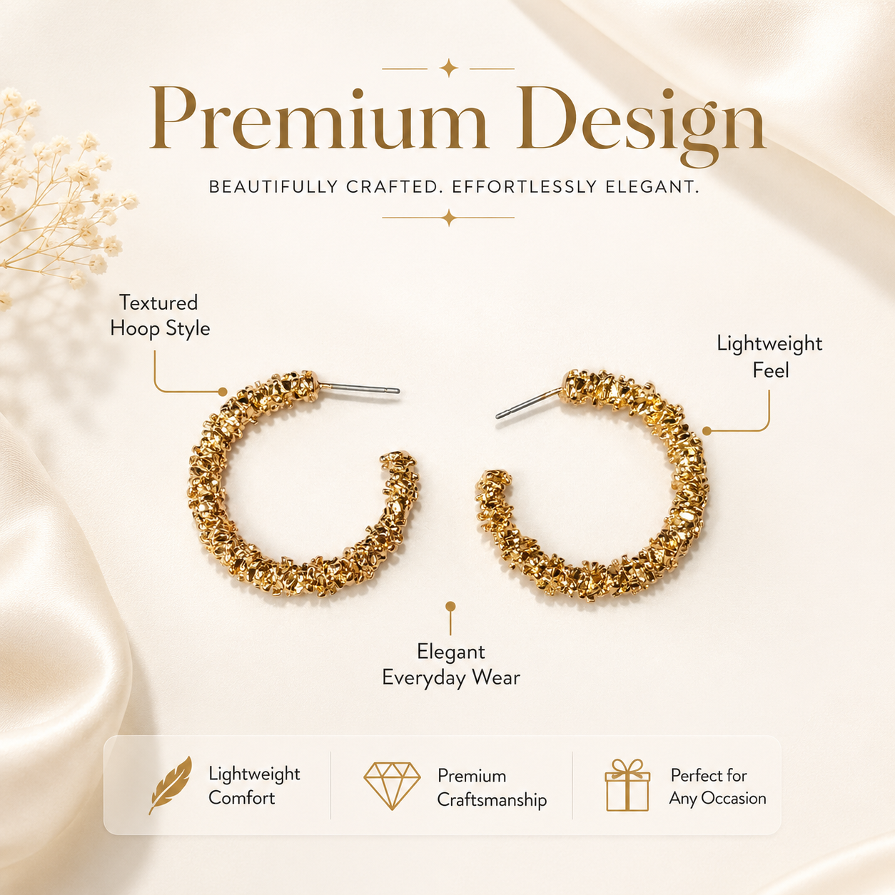 Detailed view of bold textured gold hoop earrings