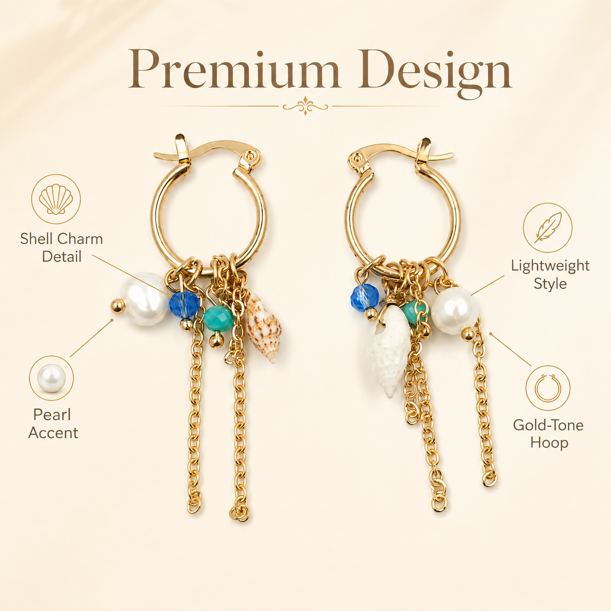 Detailed view of seashell charm earrings with pearl-style beads