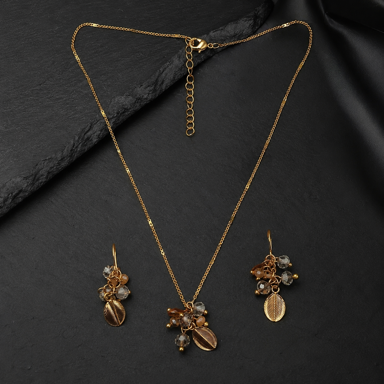 Rose Gold Leaf Beaded Jewellery Set with Necklace and Earrings