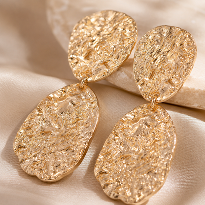 Detailed view of two-part textured drop earrings