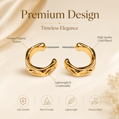 Detailed view of modern sculpted gold hoop earrings
