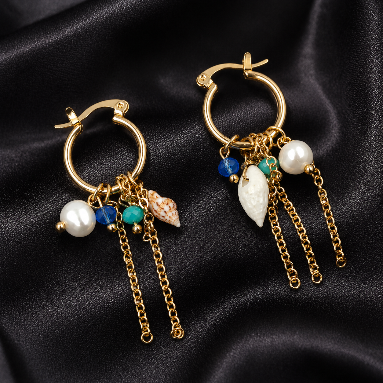 Gold beach-inspired hoop earrings styled as fashion jewellery