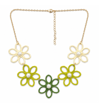 Green floral pearl statement necklace on white background