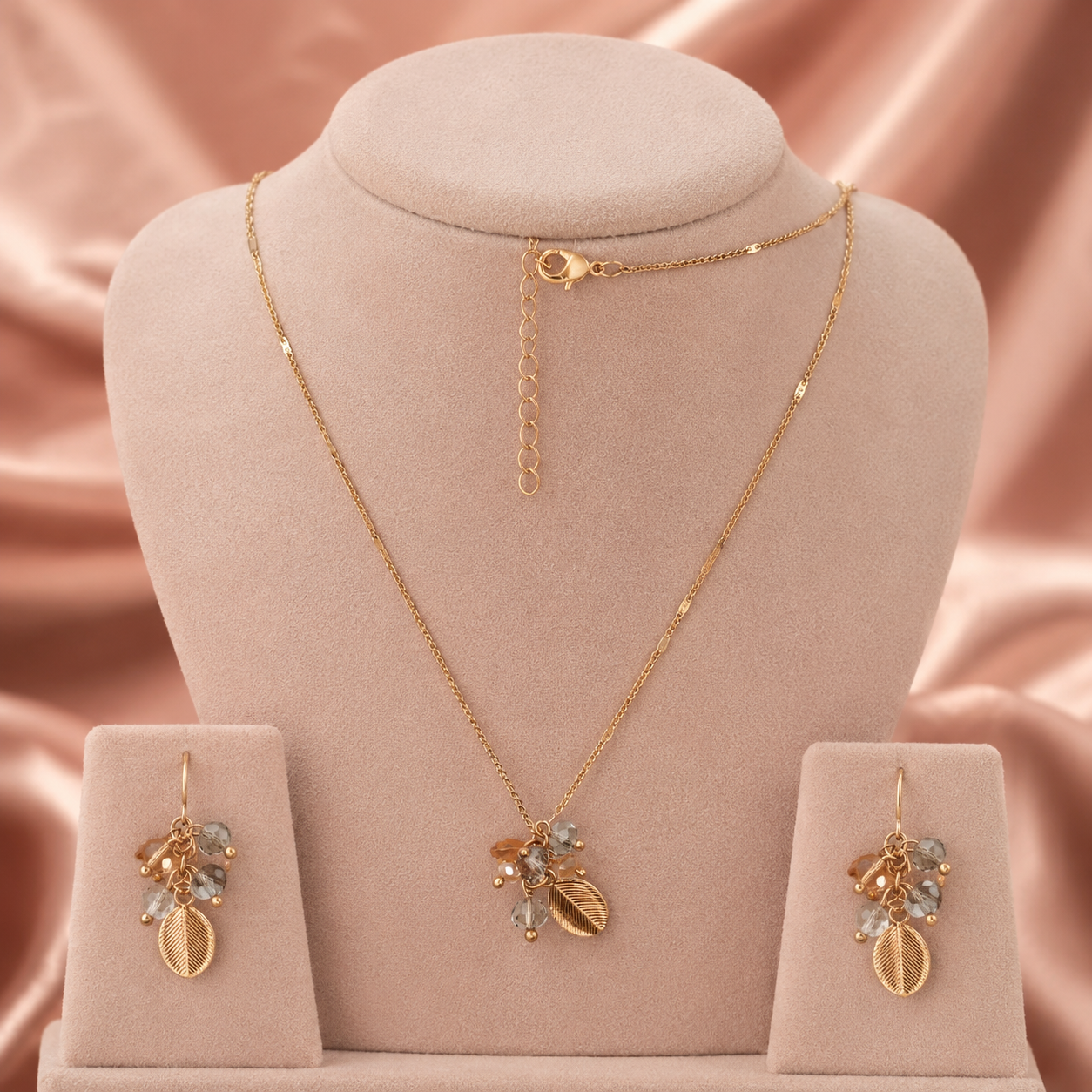 Rose Gold Leaf Beaded Jewellery Set with Necklace and Earrings