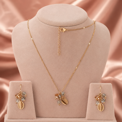 Rose Gold Leaf Beaded Jewellery Set with Necklace and Earrings