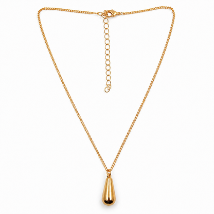 Gold polished teardrop pendant necklace on white background