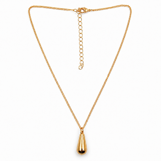 Gold polished teardrop pendant necklace on white background