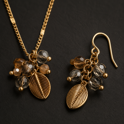 Rose Gold Leaf Beaded Jewellery Set with Necklace and Earrings