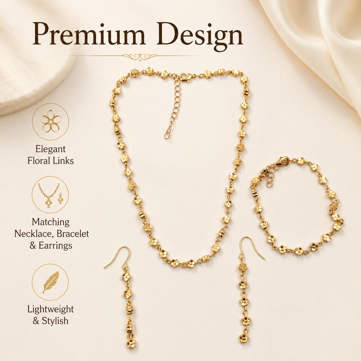 Gold Floral Jewellery Set with Necklace Bracelet and Earrings