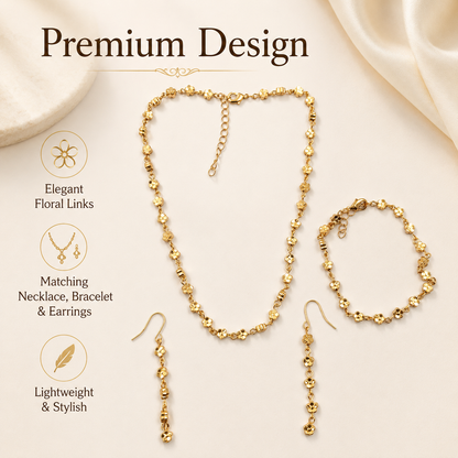 Gold Floral Jewellery Set with Necklace Bracelet and Earrings