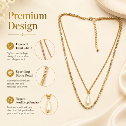 Gold Layered Pearl Drop Necklace with Stones