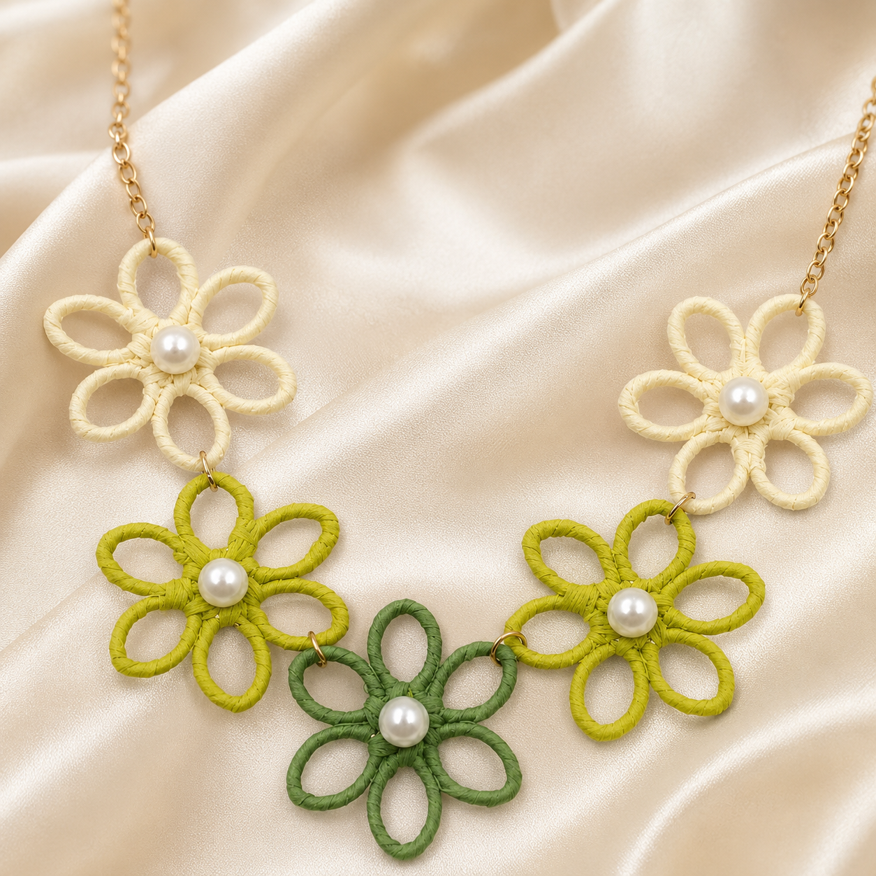 Pearl flower necklace styled as colourful fashion jewellery