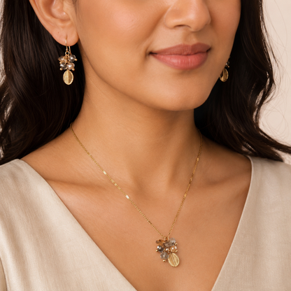 Rose Gold Leaf Beaded Jewellery Set with Necklace and Earrings