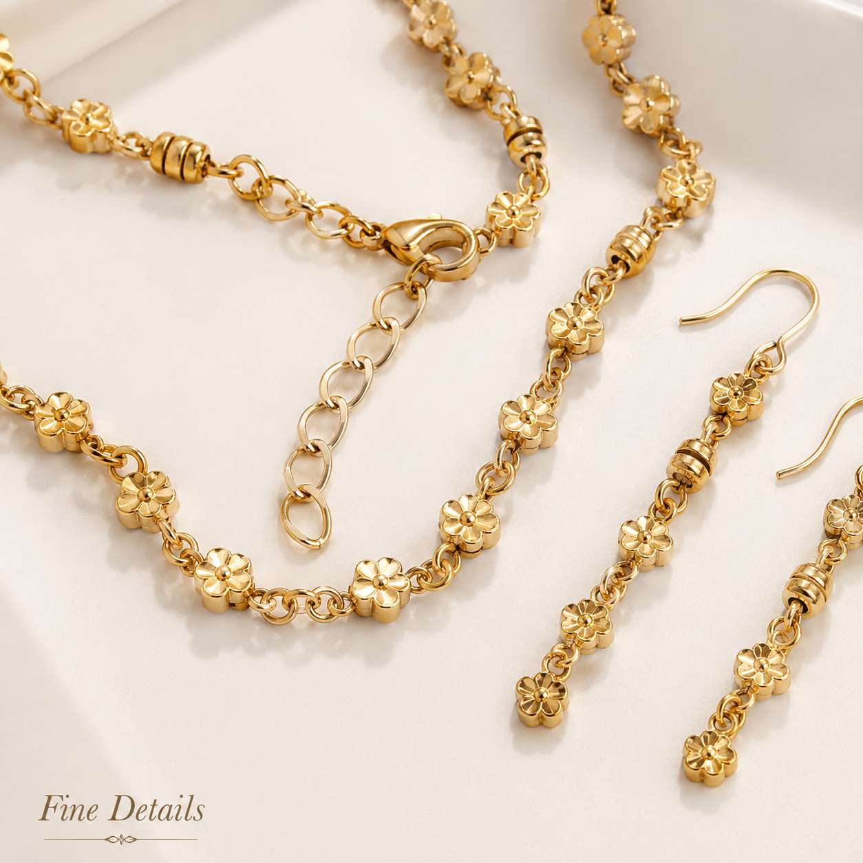 Gold Floral Jewellery Set with Necklace Bracelet and Earrings