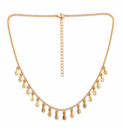Gold leaf charm fringe necklace on white background
