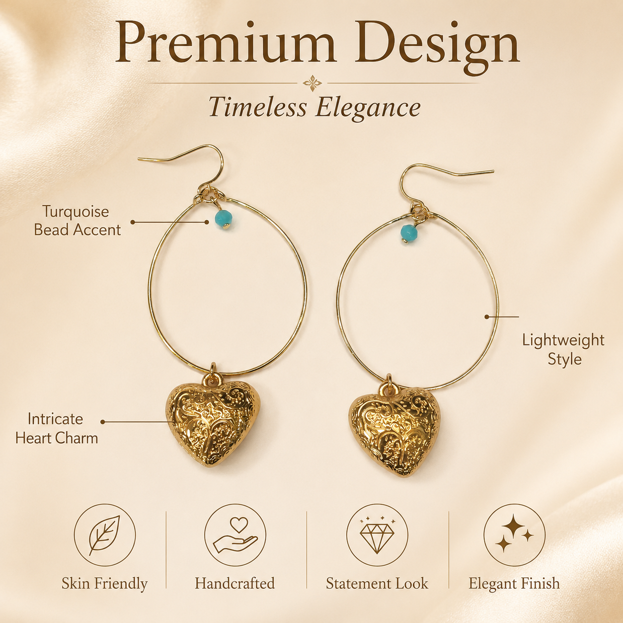 Gold heart hoop earrings styled as romantic fashion jewellery
