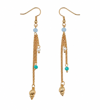 Gold seashell tassel drop earrings pair on white background