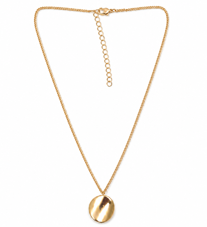 Gold round disc pendant necklace on white background