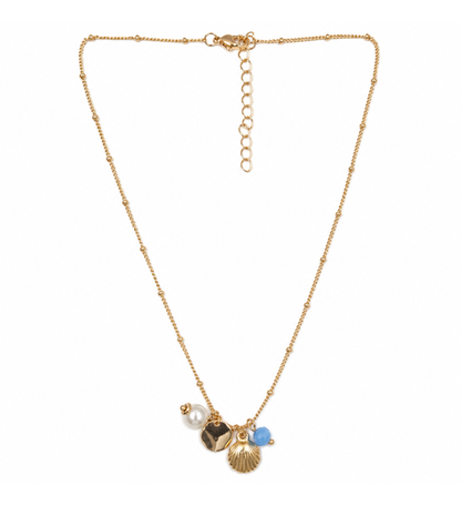 Gold seashell charm pendant necklace on white background