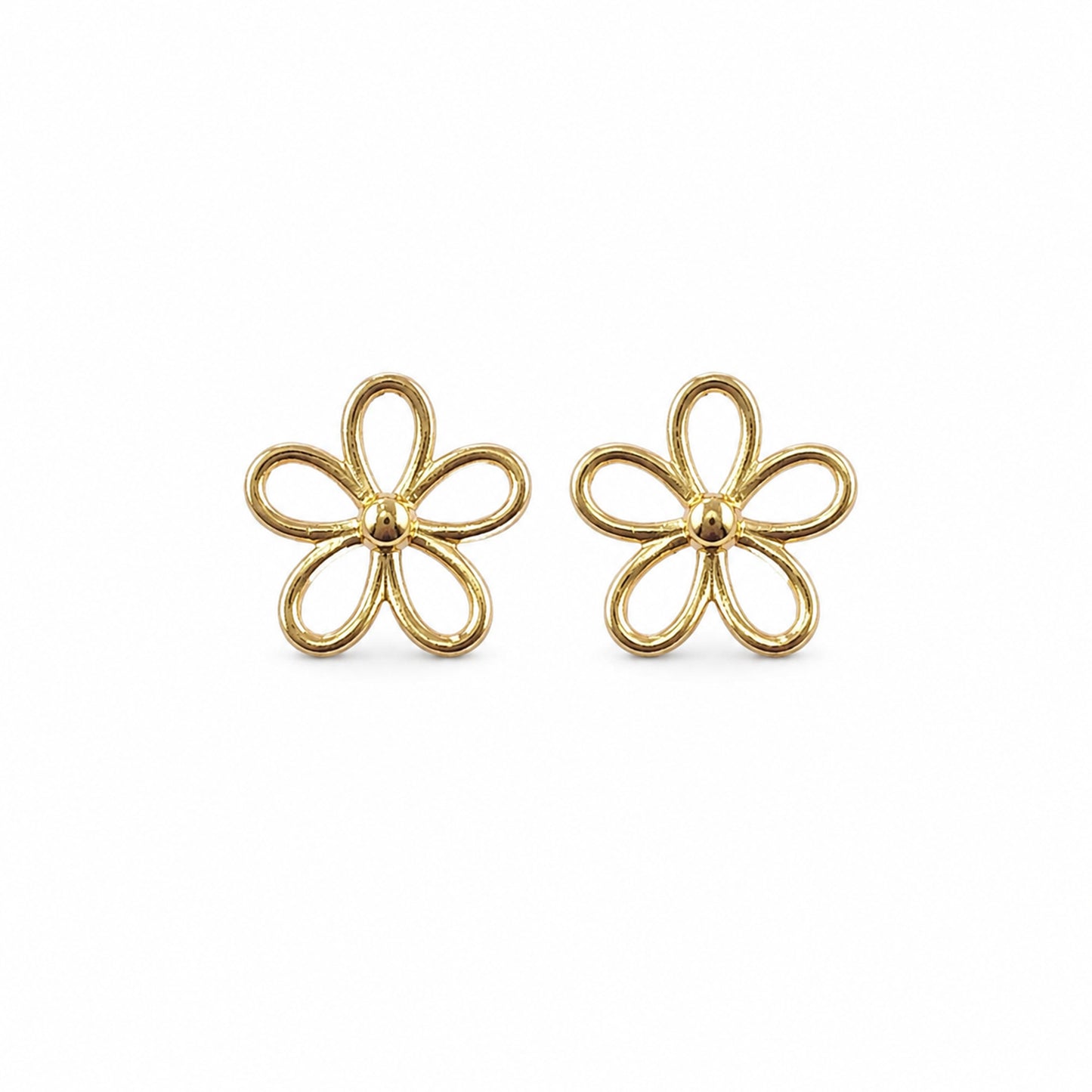 Gold outline flower stud earrings pair on white background