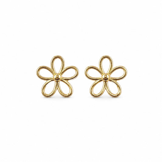 Gold outline flower stud earrings pair on white background