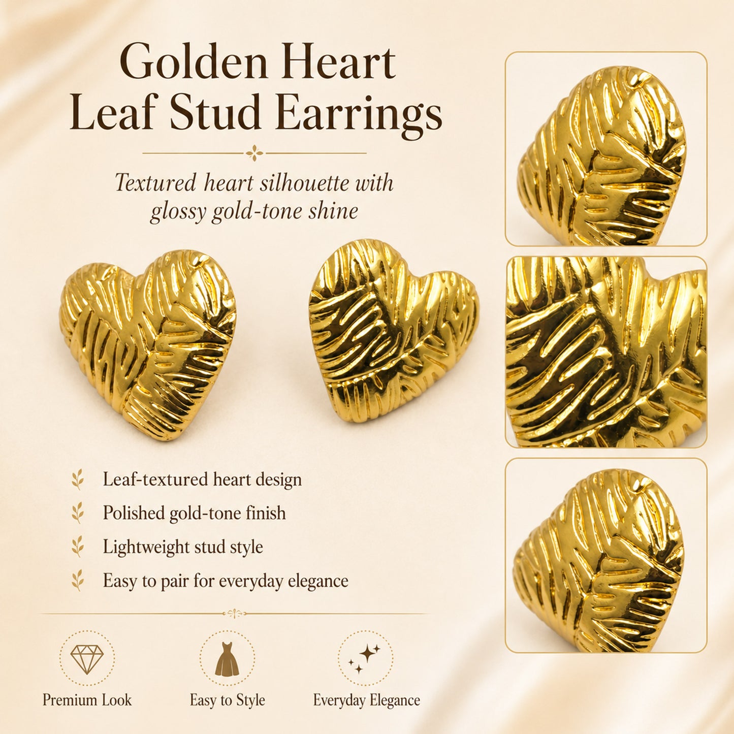 Detailed view of textured gold heart stud earrings