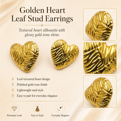 Detailed view of textured gold heart stud earrings