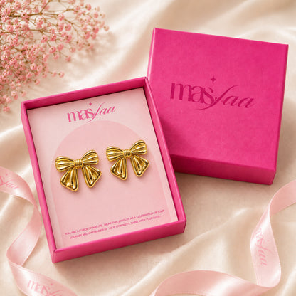 Stylish gold bow earrings for women daily wear and party look with gift box