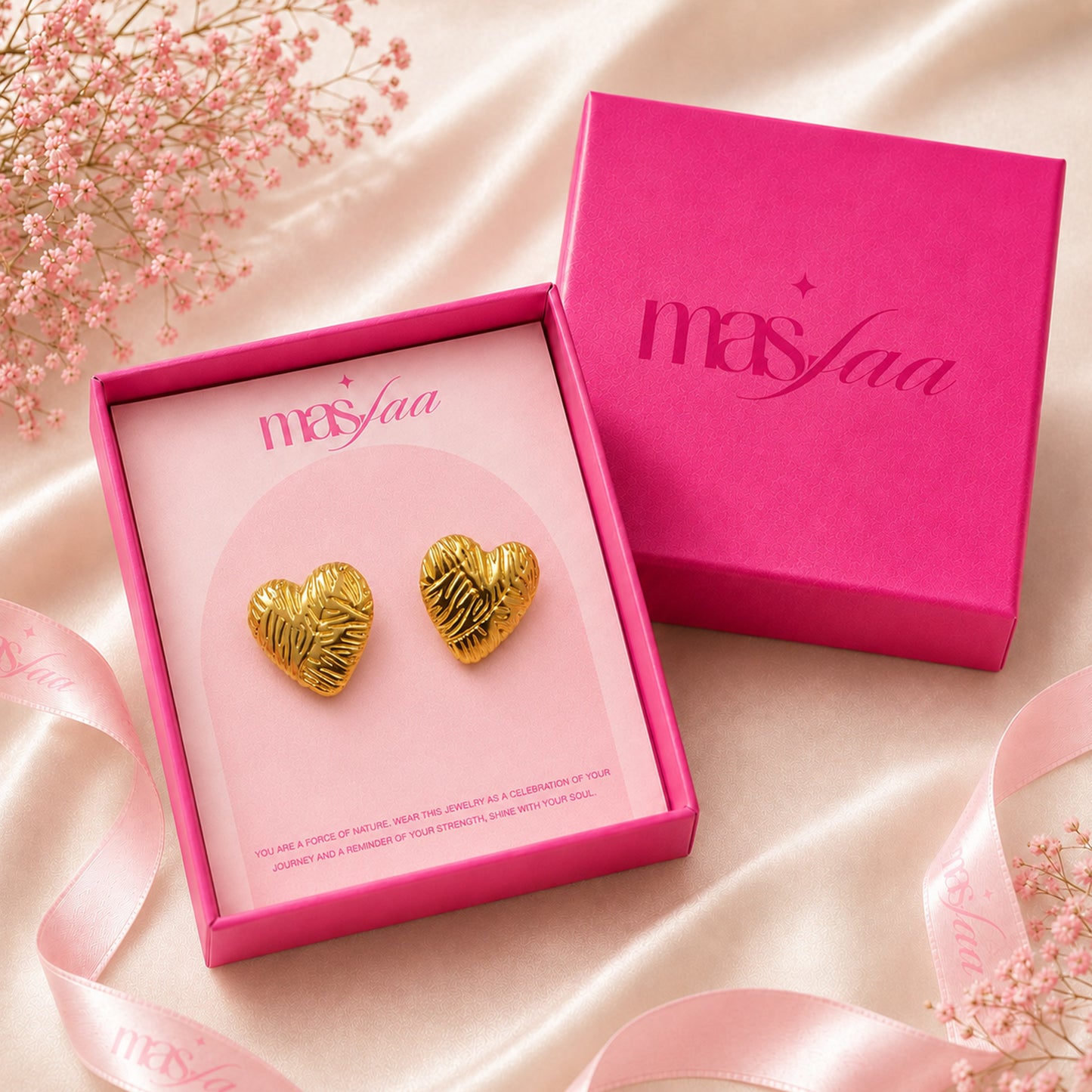Gold heart earrings styled as romantic fashion jewellery for women