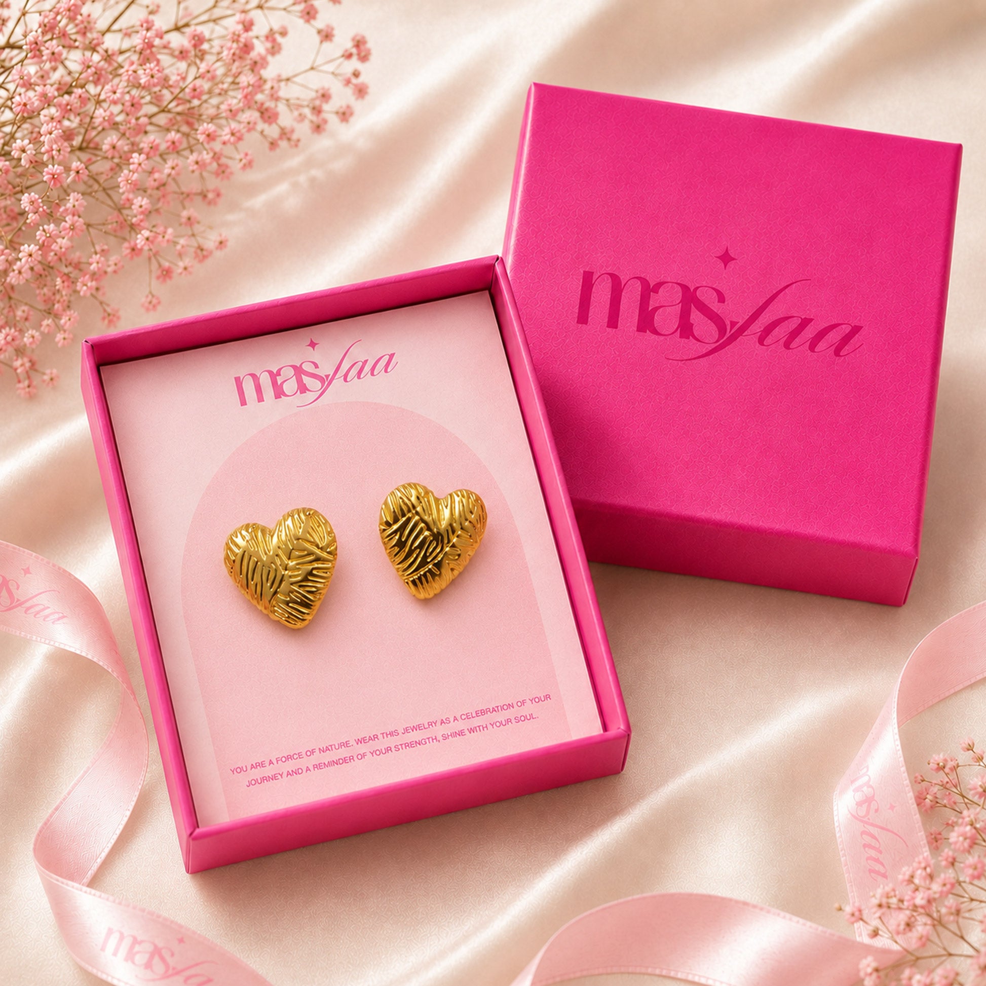 Gold heart earrings styled as romantic fashion jewellery for women