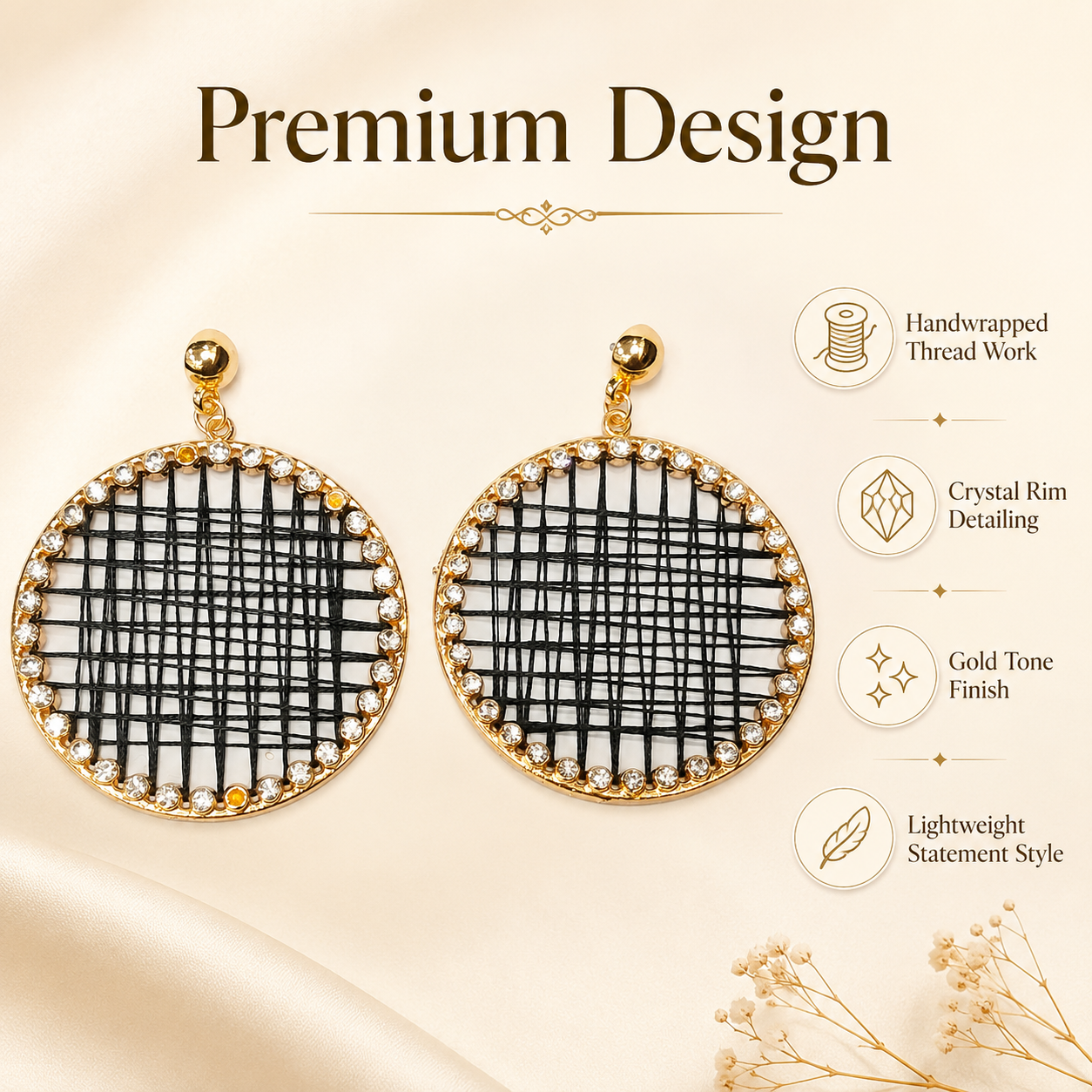 Gold plated circular earrings with black thread design