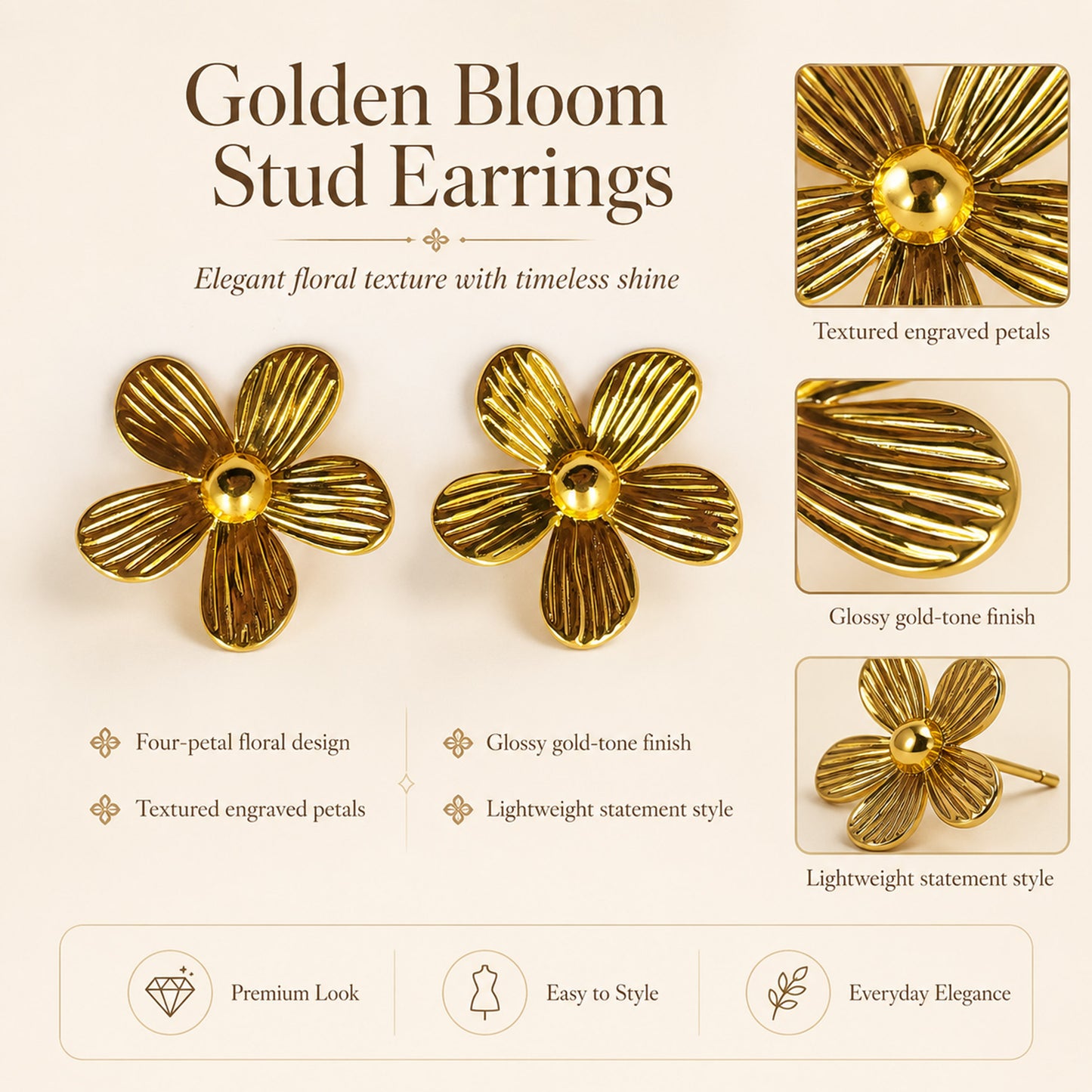 Lightweight gold plated floral stud earrings for gifting and casual wear