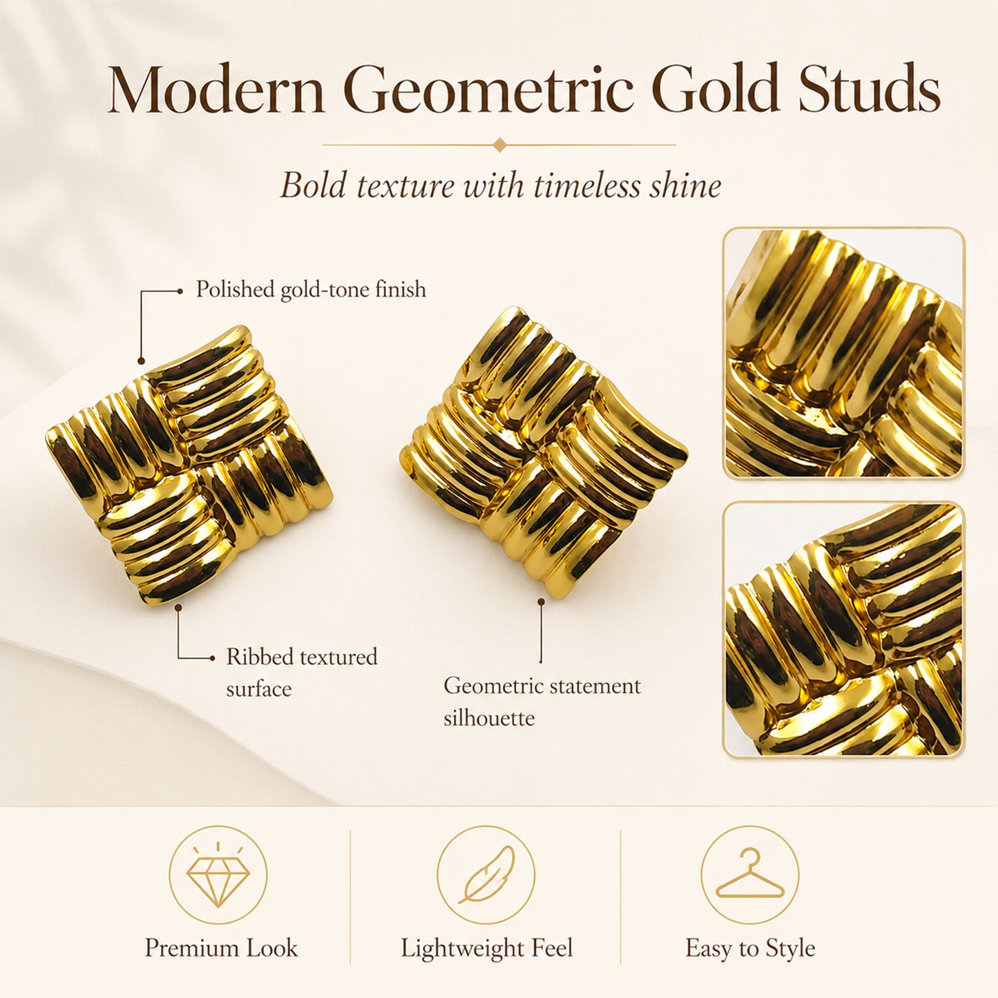 Lightweight gold plated ribbed stud earrings for gifting and casual wear