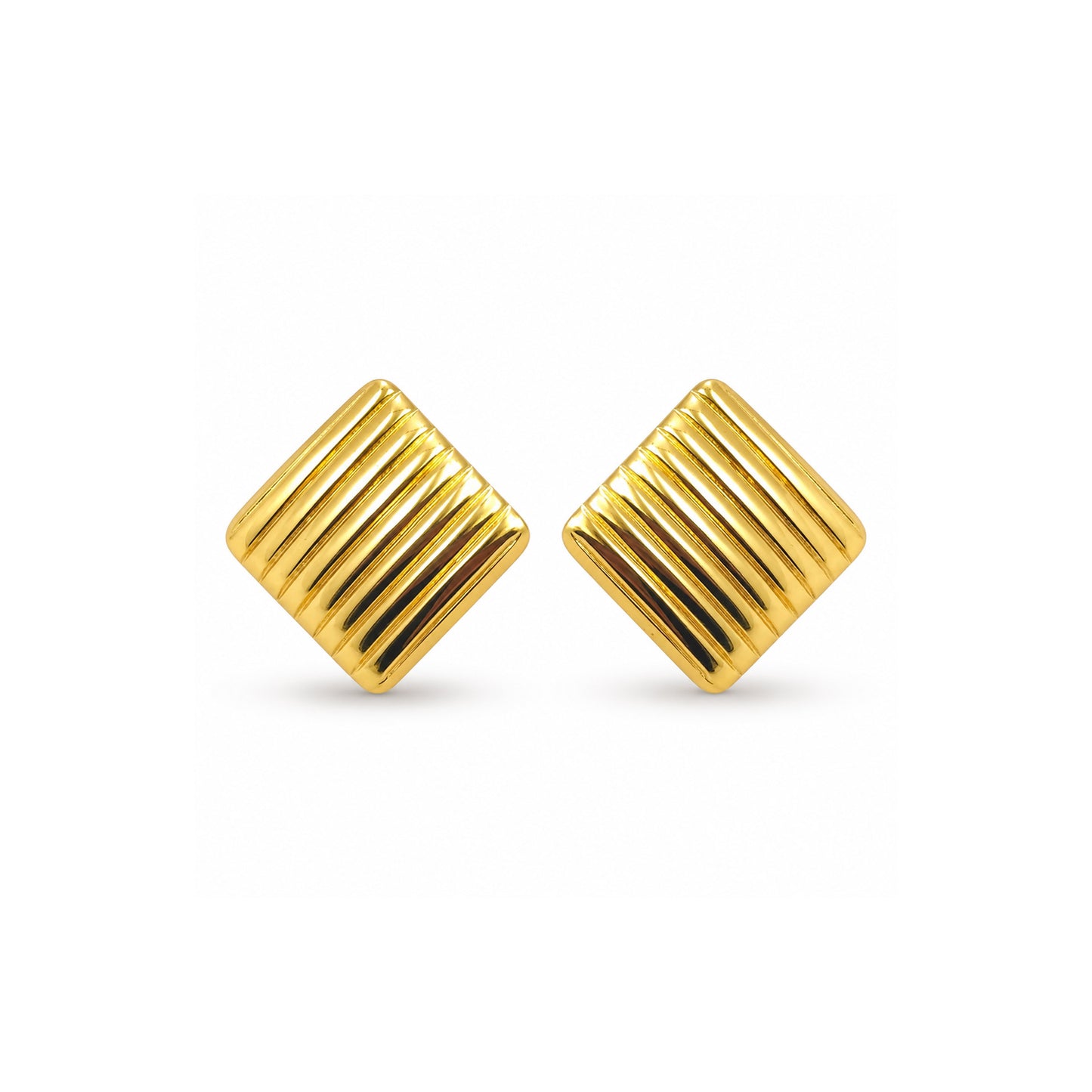 Gold ribbed square stud earrings pair with polished finish on white background