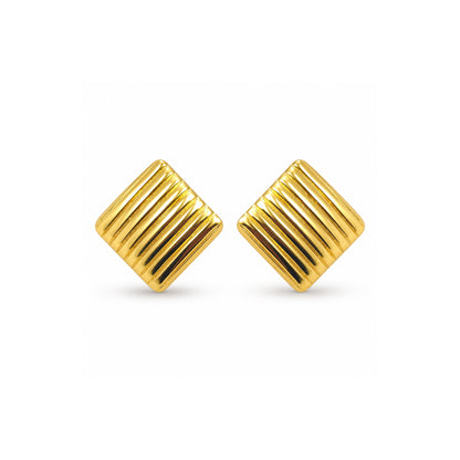 Gold ribbed square stud earrings pair with polished finish on white background