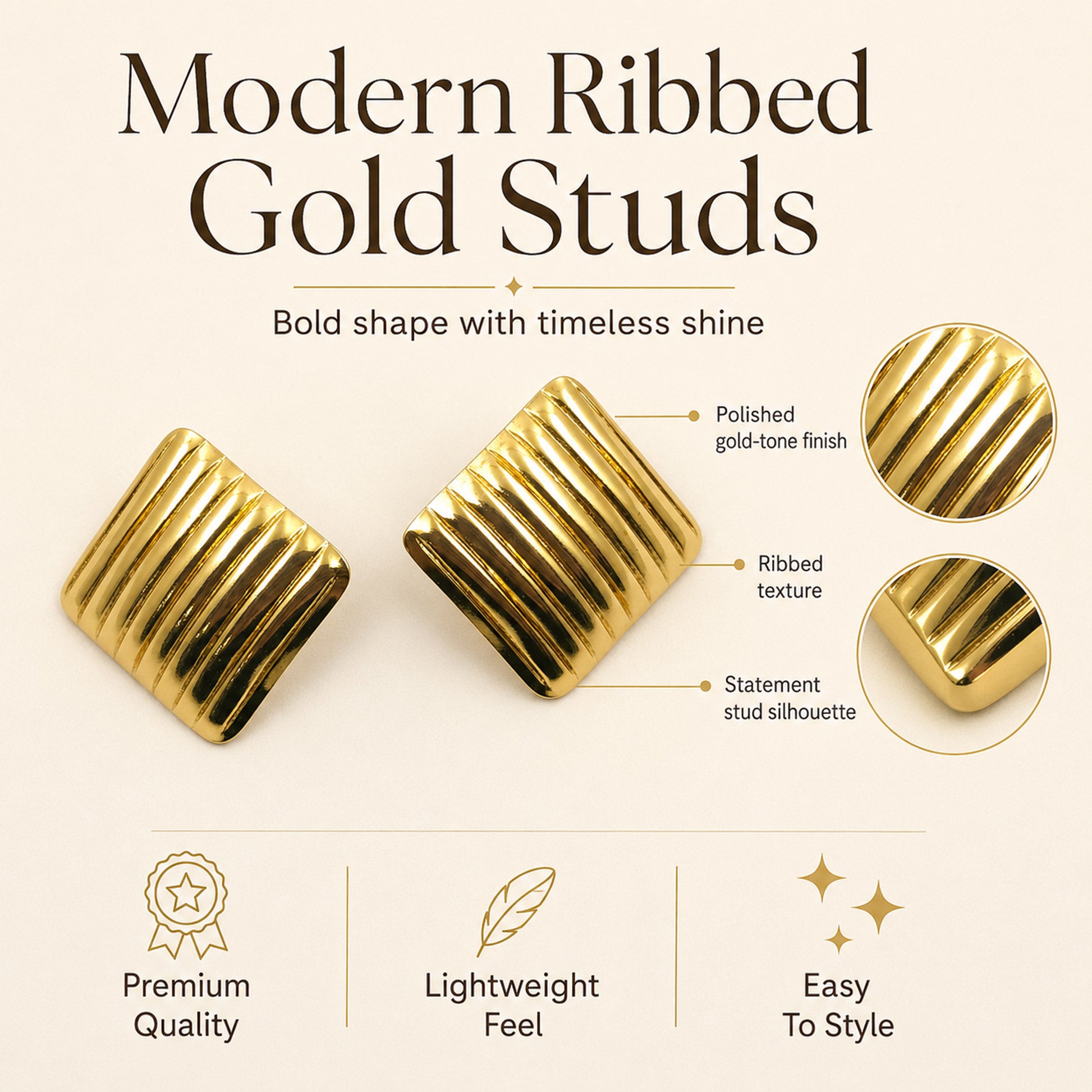 Lightweight gold ribbed square stud earrings for daily wear and party look